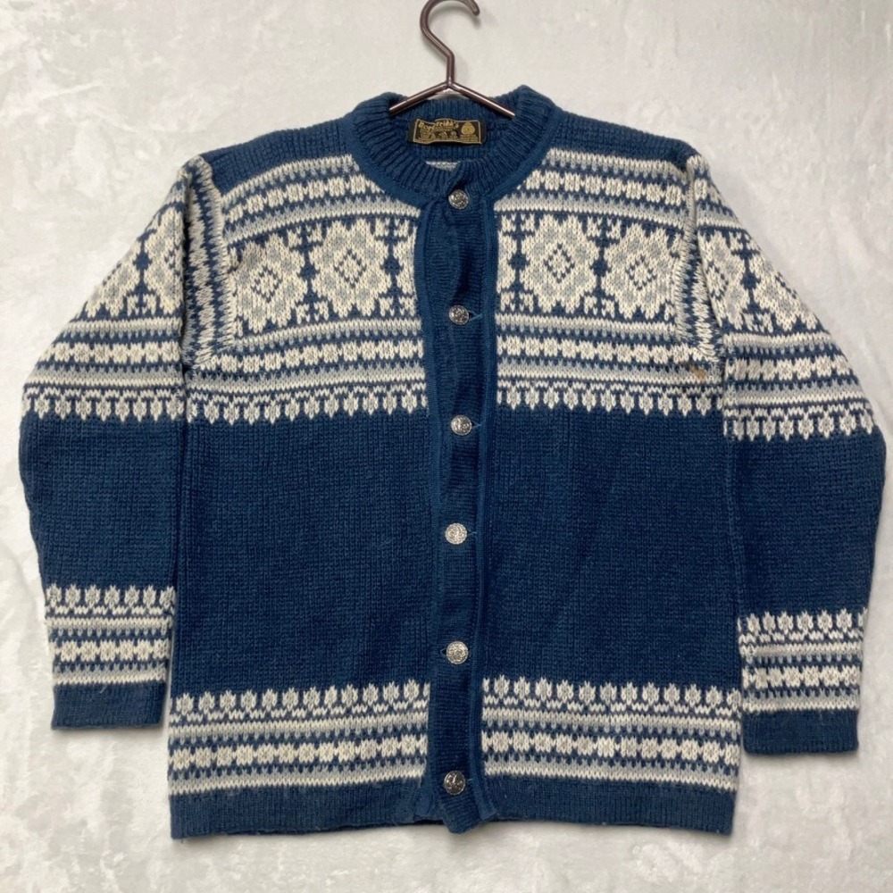 Nordstrikk Cardigan Mens S Navy‎ Blue Fair Isle Virgin Wool Metal Button Norway